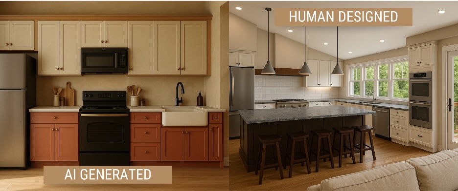 picture showing a kitchen side by side of how AI would design it and how a human would