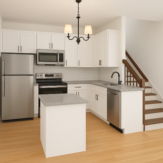 Kitchen with white cabinets on a hardwood style flooring
